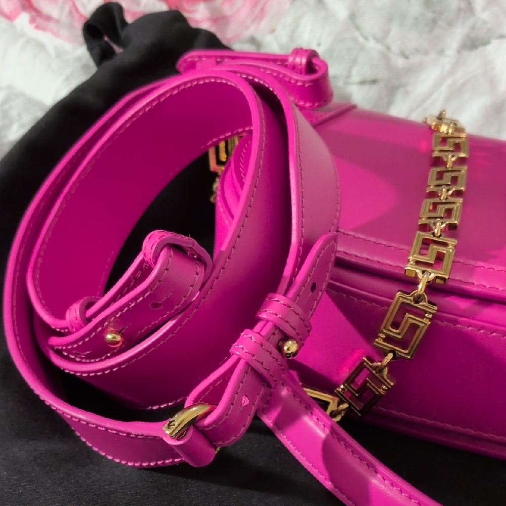 VERSACE HANDBAG Fuchsia Leather Crossbody with Gold Greek Hardware - Picture 7 of 14